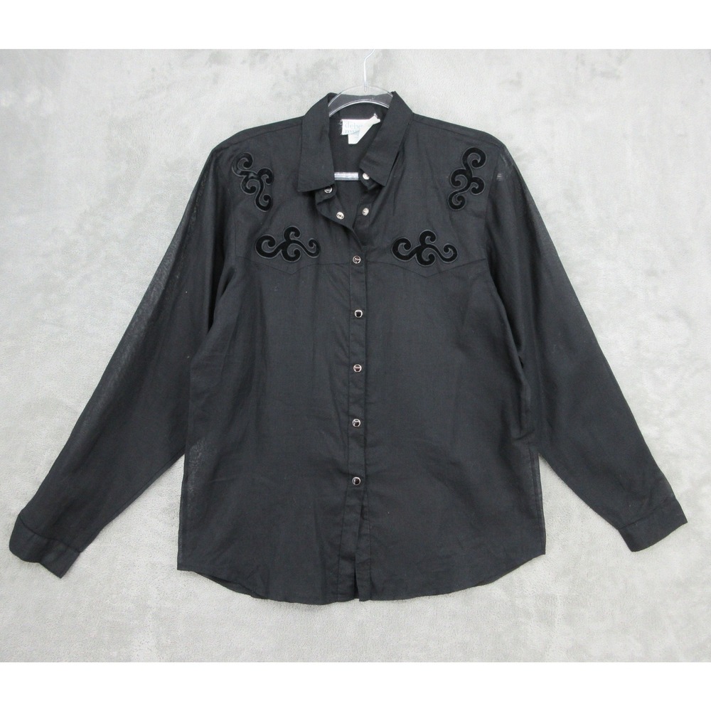 Vintage Deborah Murray Shirt Womens Size L Western Sheer Velvet Trim Pearl Snap